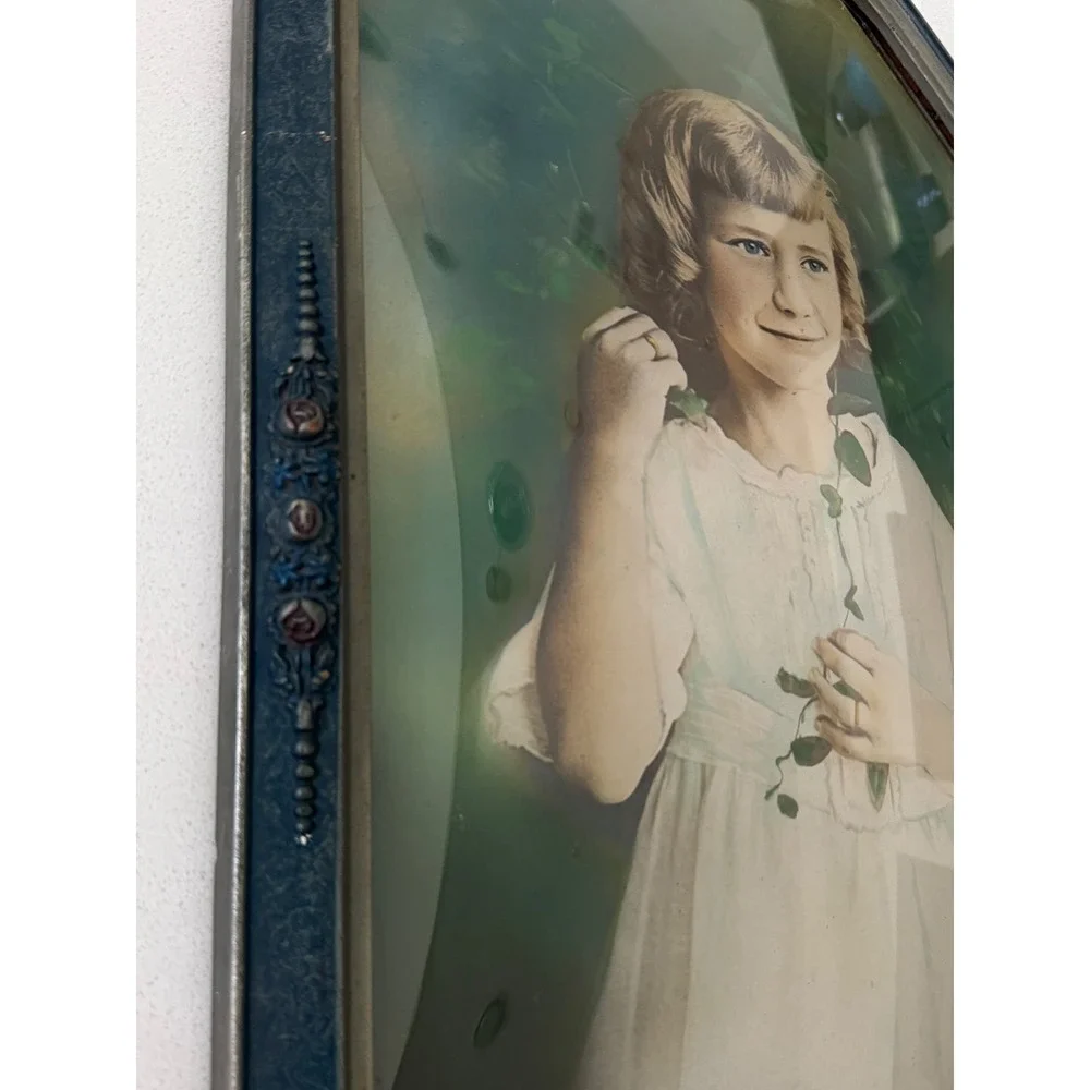 Antique 1922 Hand Colored Portrait Convex Bubble Glass Frame 21.5